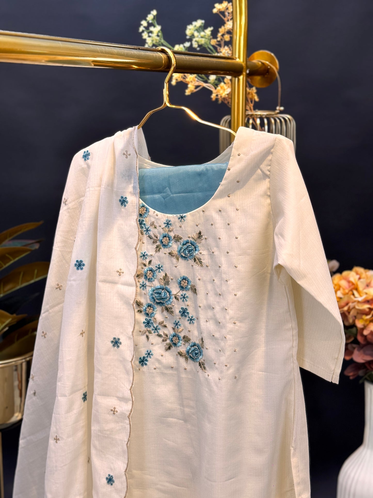 Embroidered Straight Kurta Set With Dupatta - Scoop Neck 3-Piece Set