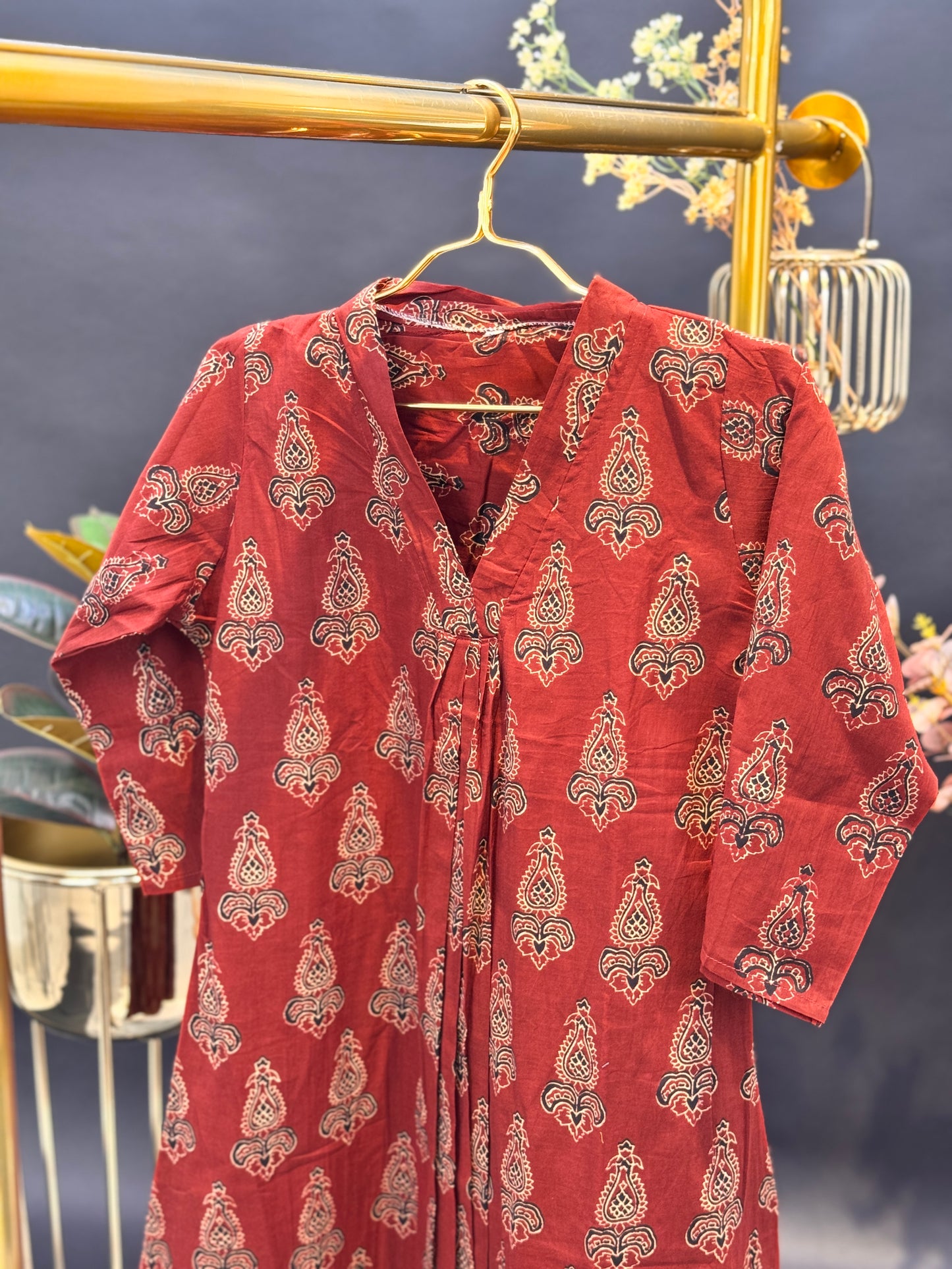 Block Print A-Line Cotton Kurti with Mandarin Collar