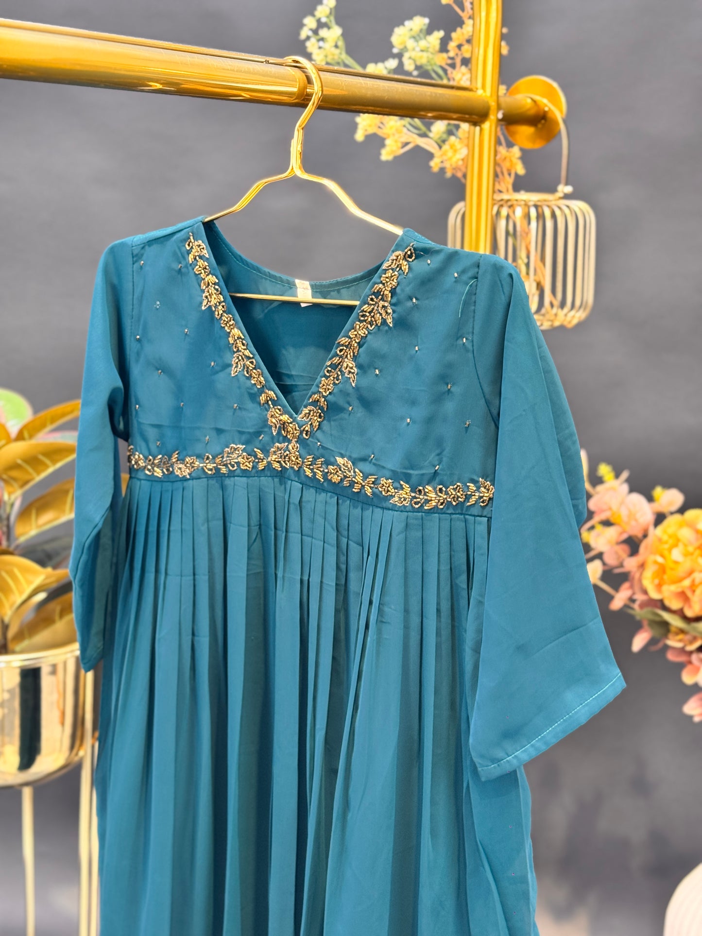 Embroidered Empire-Cut Georgette Anarkali Kurti - Rich Teal Blue