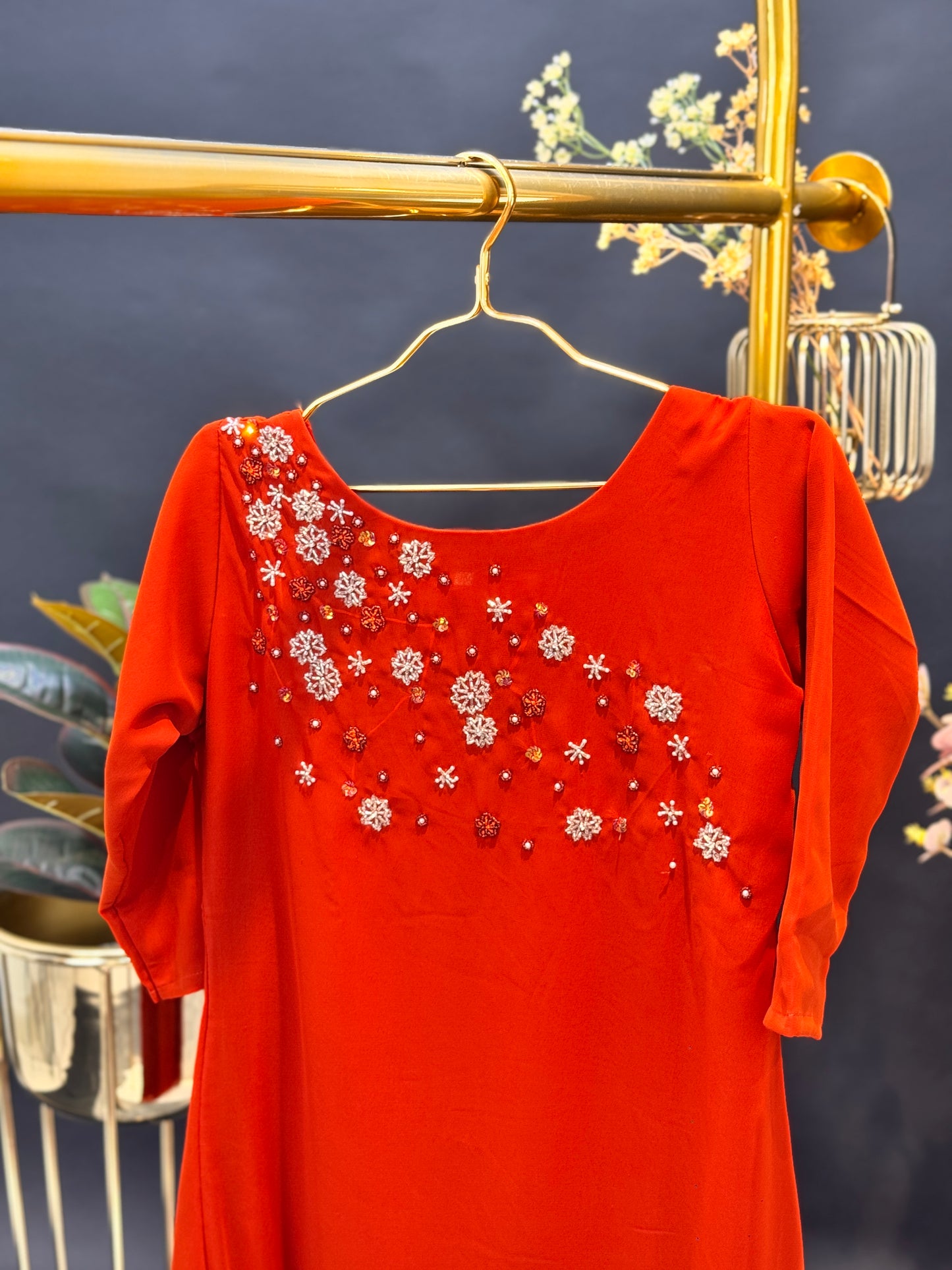 Scarlet Bloom Embroidered Kurti - Rust Orange