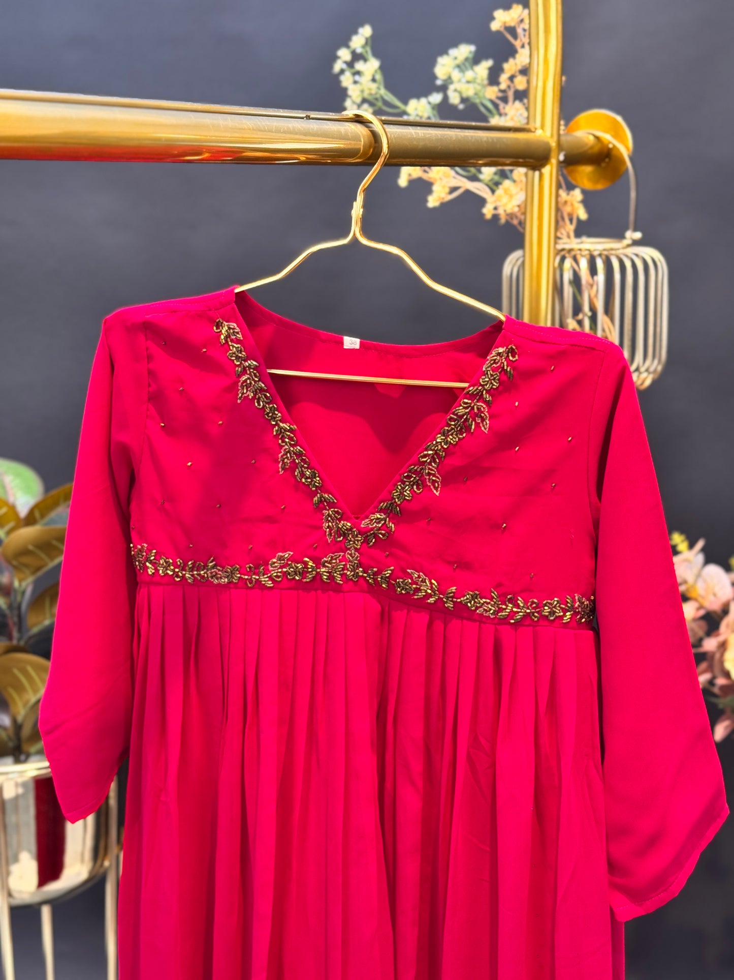 Embroidered Empire-Cut Georgette Anarkali Kurti - Rani Pink