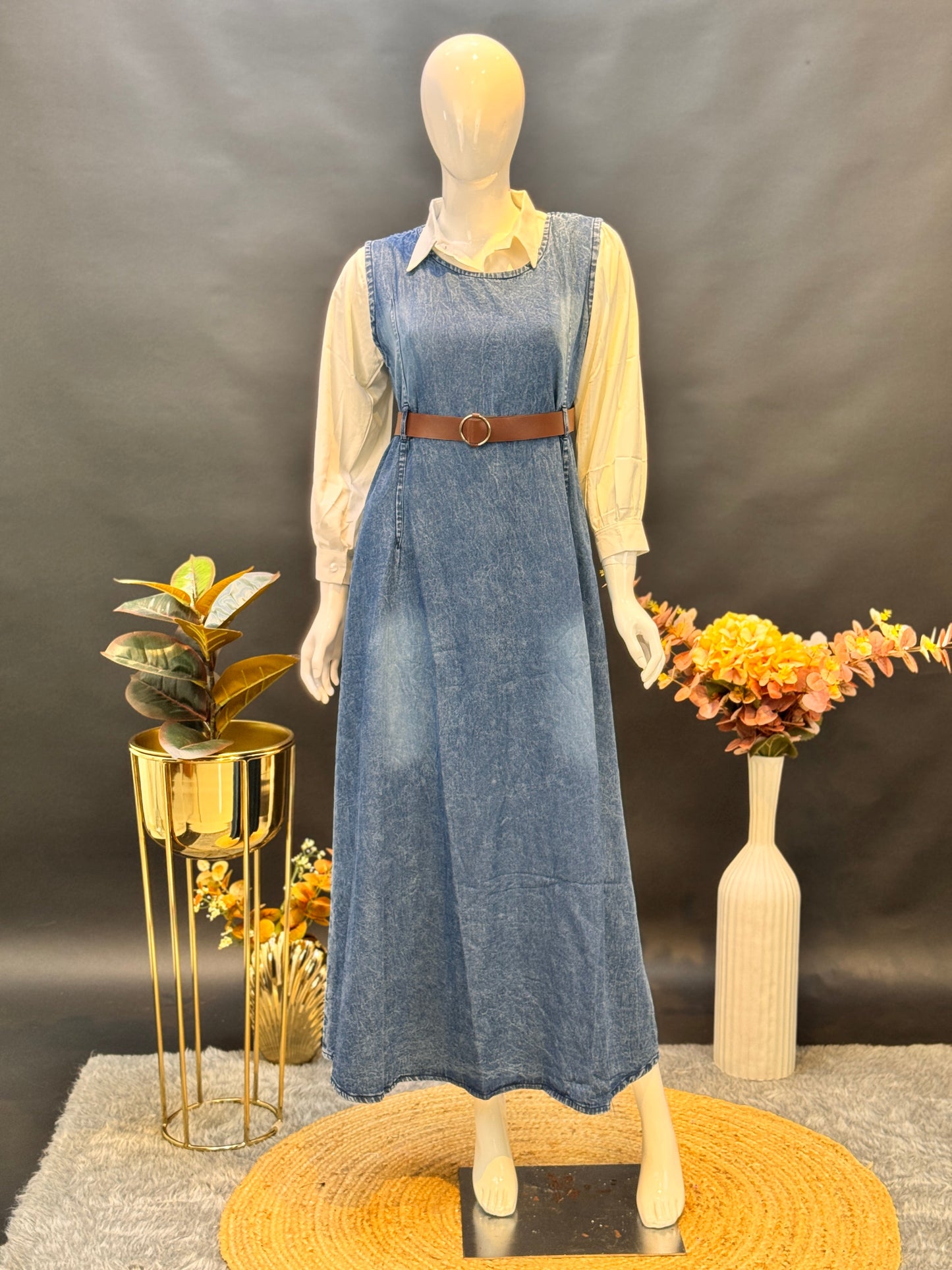 Denim Dress Set With White Shirt