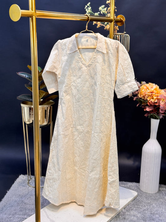 Cotton Schiffli Embroidered A-Line Dress With Shirt Collar