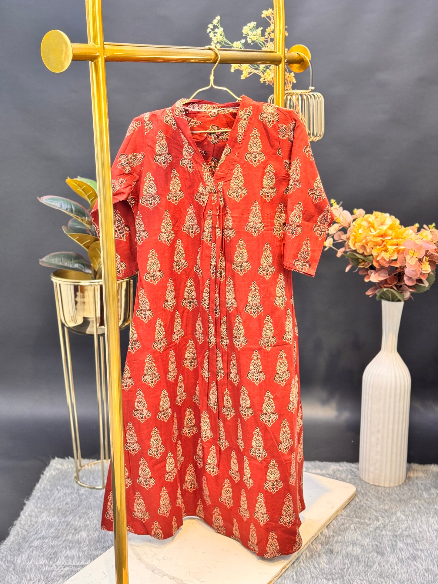 Block Print A-Line Cotton Kurti with Mandarin Collar