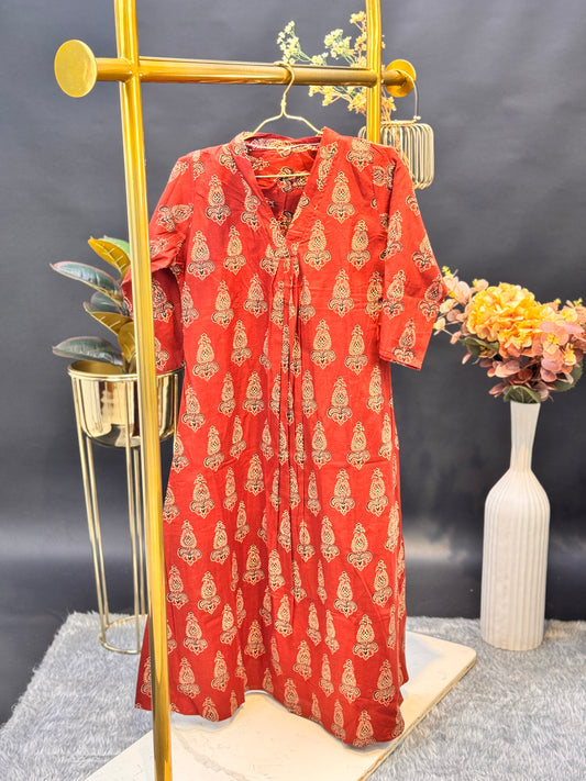 Block Print A-Line Cotton Kurti with Mandarin Collar