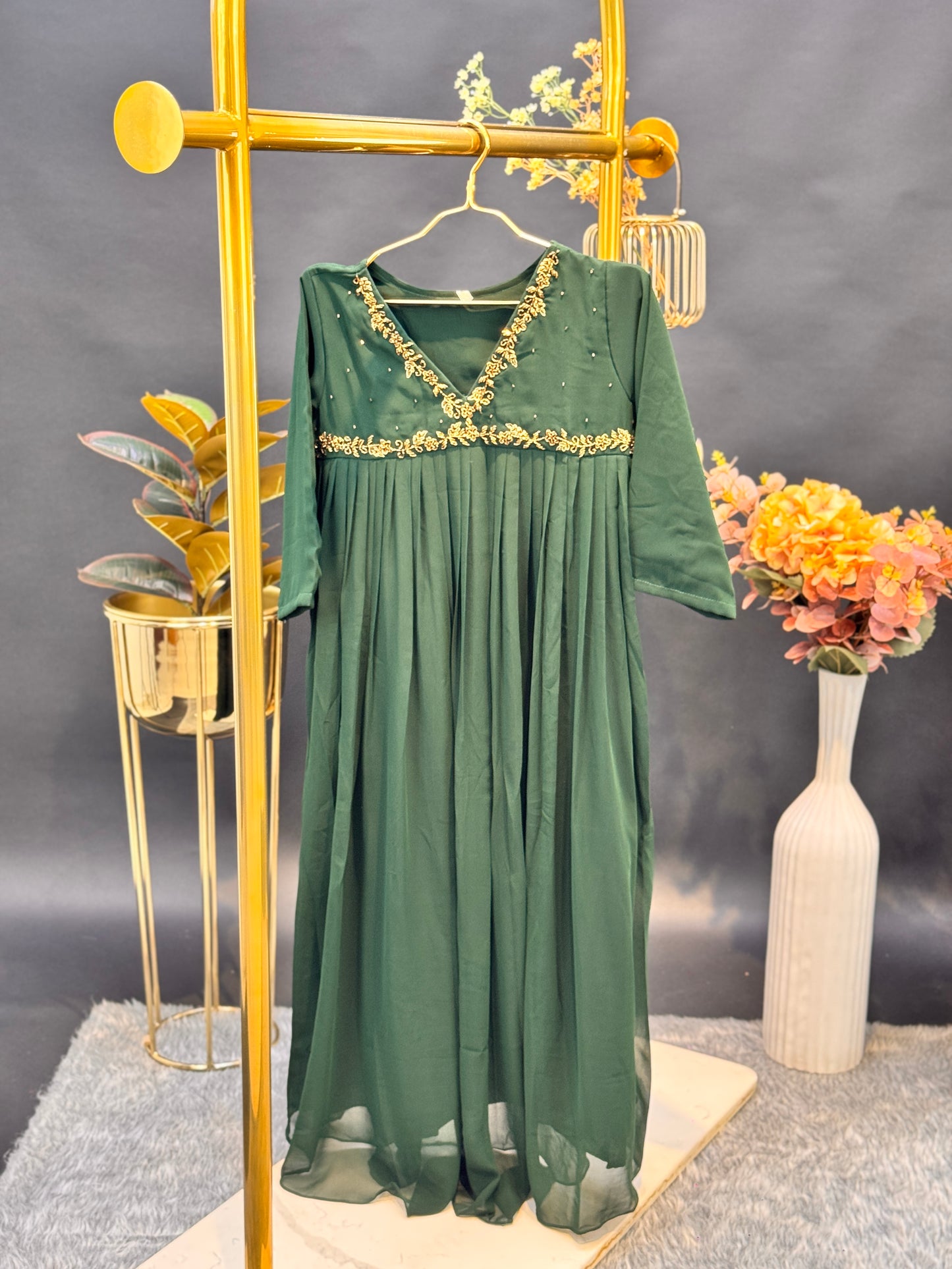 Embroidered Empire-Cut Georgette Anarkali Kurti - Bottle Green