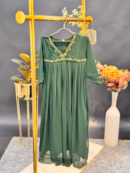 Embroidered Empire-Cut Georgette Anarkali Kurti - Bottle Green