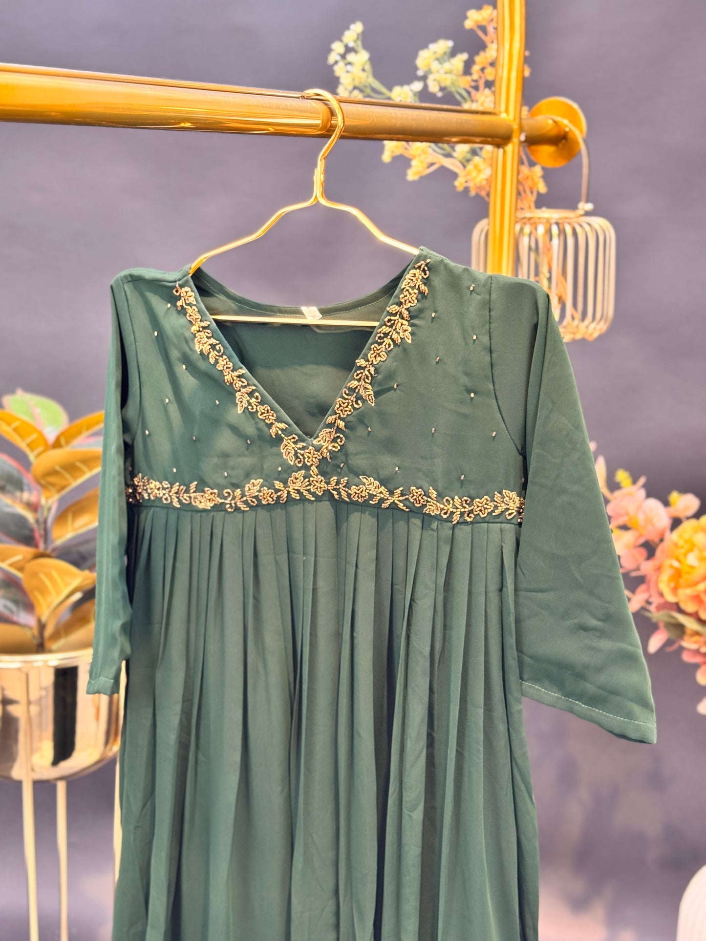 Embroidered Empire-Cut Georgette Anarkali Kurti - Bottle Green
