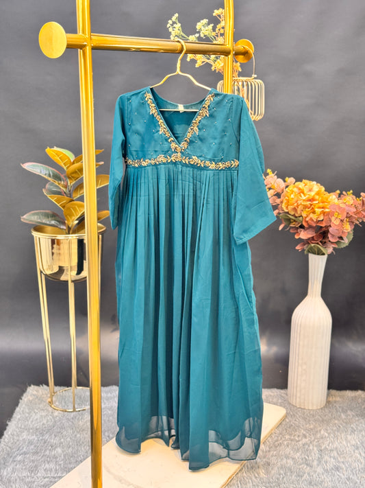 Embroidered Empire-Cut Georgette Anarkali Kurti - Rich Teal Blue