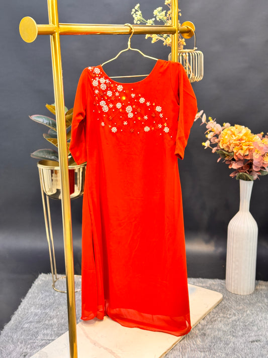Scarlet Bloom Embroidered Kurti - Rust Orange