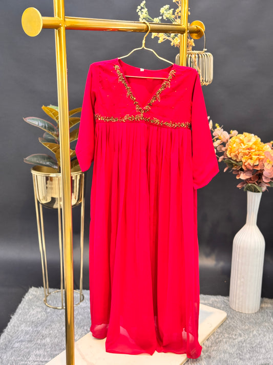 Embroidered Empire-Cut Georgette Anarkali Kurti - Rani Pink