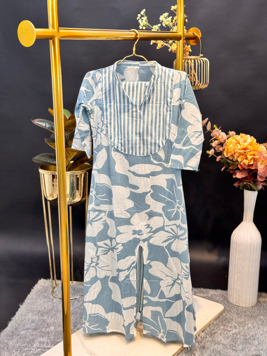 Blue Breeze Floral Striped Kurti 2-Piece Set