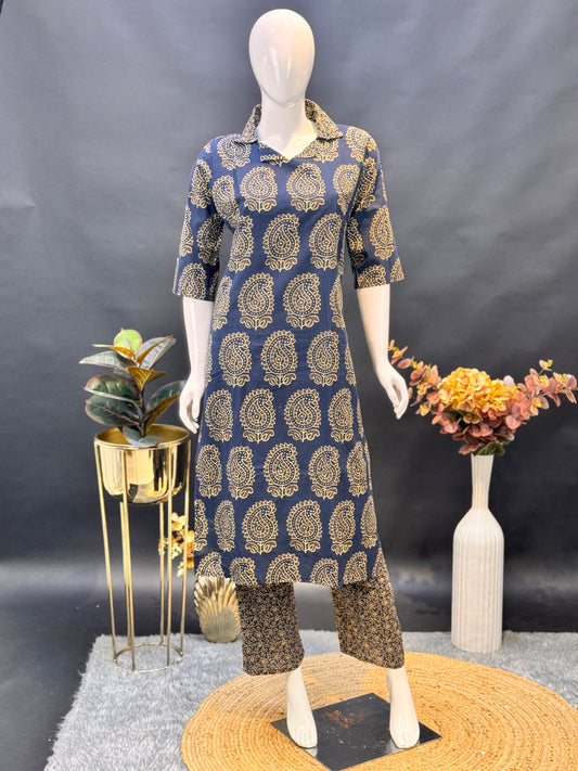 Printed Collared Straight Kurta 2-Piece Set